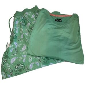 Muk Luks Pajama Set Green Paisley And Dot Bottoms Loungewear M